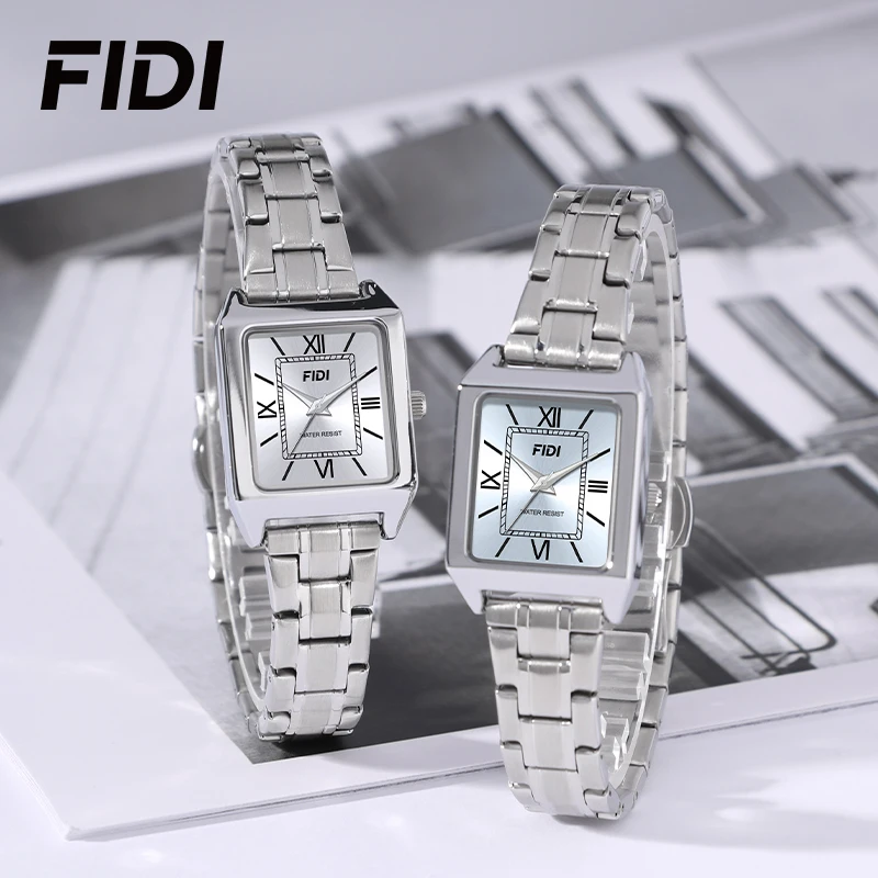 FIDI Fashion Business Women Watch Roman Numeral Square Stainless Steel Strap Waterproof Wristwatch Lovers Casual Quartz Watches