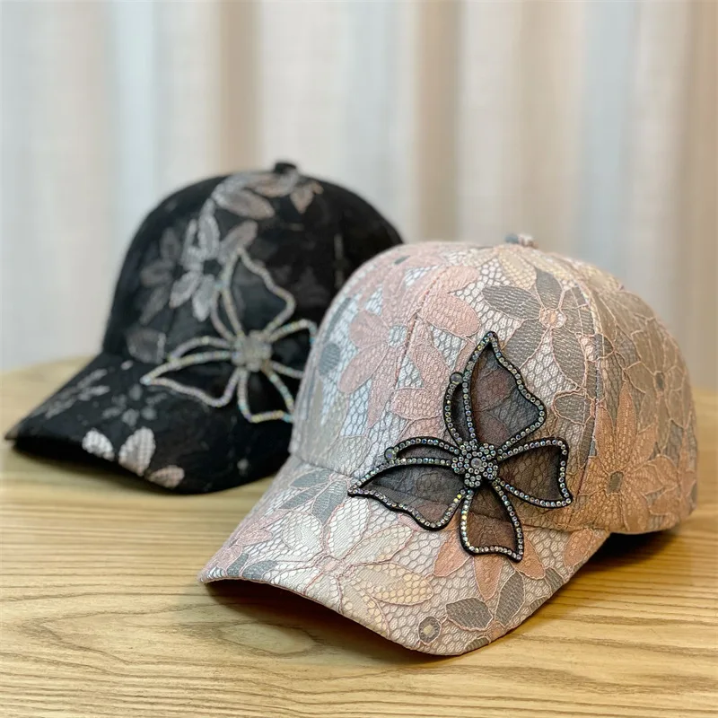 New lace thin sports cap female breathable sunscreen rhinestone butterfly baseball cap custom logo fashion cap.