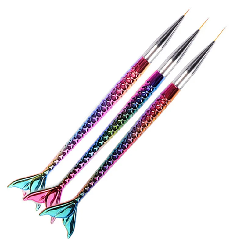 New Design Nail Art Brush Painted Carved Hook Pen Mermaid Handle Gradient Rod Fish Tail Pull Line Pen 3pcs