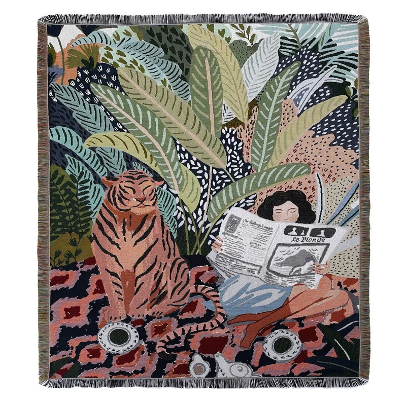 Custom logo Woven Jacquard Throw Picnic Rugs Custom Woven Tapestry blanket for camping outdoor beach