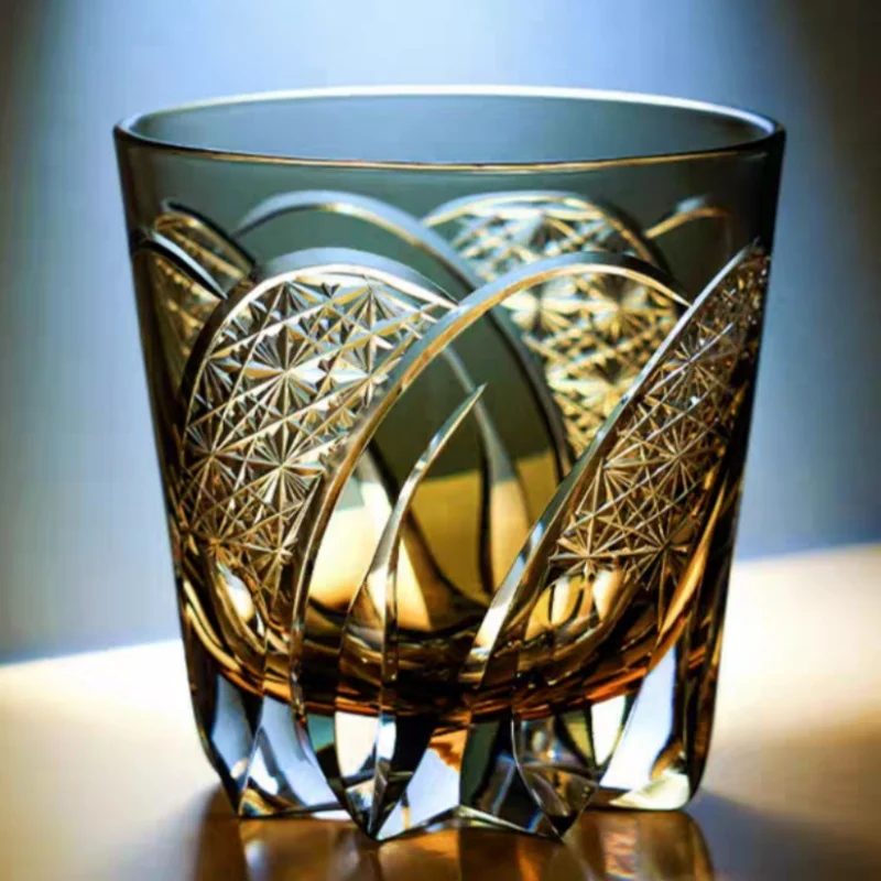 11 oz Hand Blown Colored Glass Whisky Tumbler Grey With Hand Carved Star Bottom Purple Old Fashioned Rock Glass express package