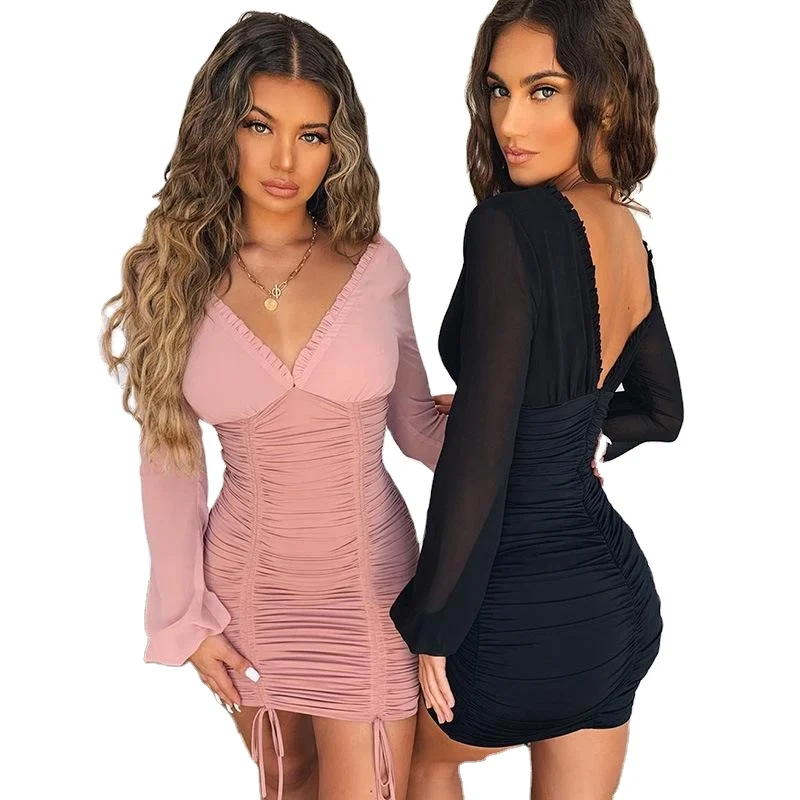 Elastic Bodycon Bandage Dress Short Pleated Party Dresses Women Sexy Long Sleeve Slim Chiffon Summer Autumn Dress
