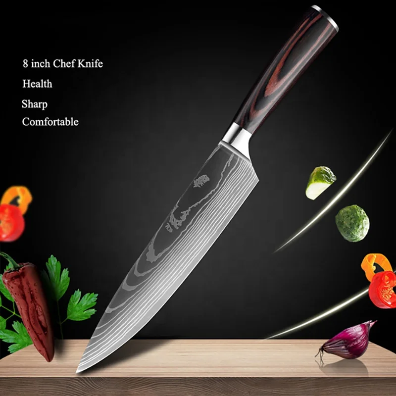 Kitchen accessories 5cr15 stainless steel damascus pattern kitchen chef knife kitchen knives set with colored wood handle