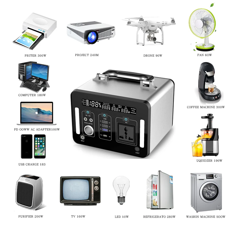 Built in Inverter BMS Lithium Battery Emergency Solar Generator AC/DC 110V 220V RV Outdoor Camping Travel Portable Power Station