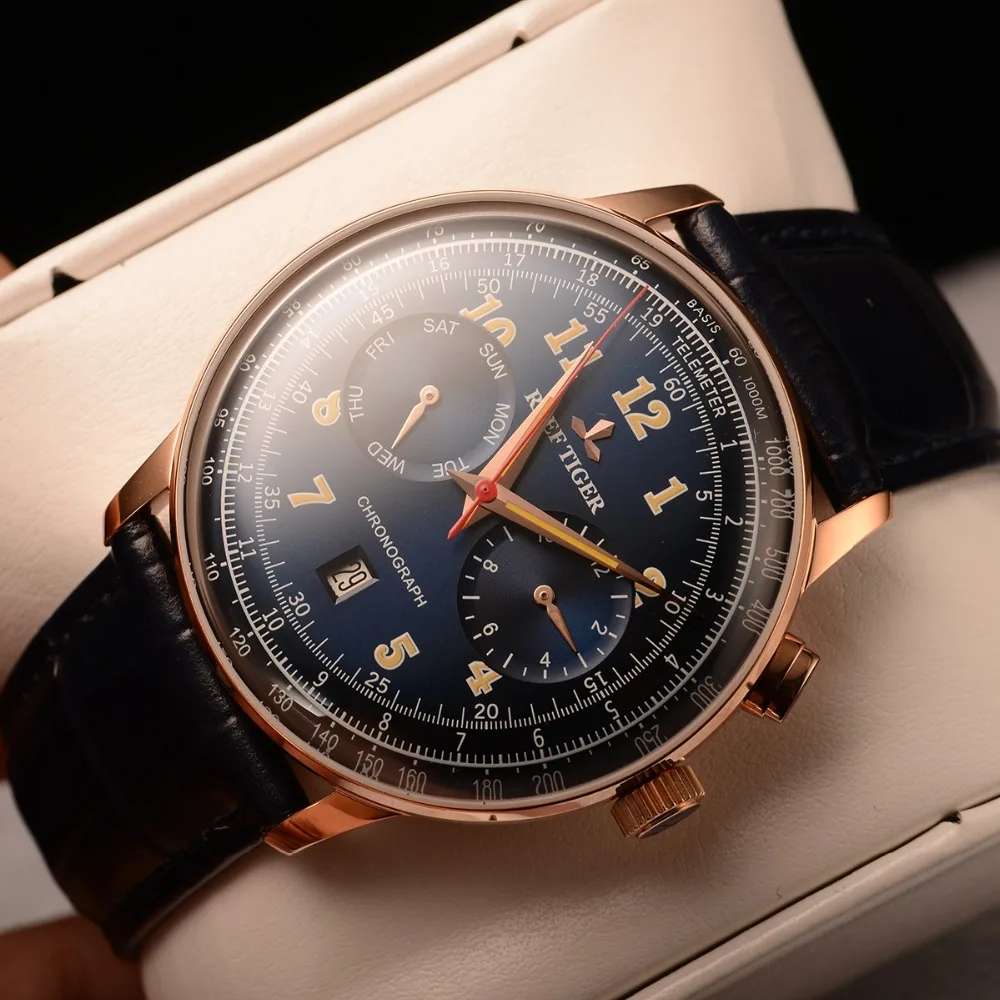 Reef Tiger Luxury Brand Vintage Watch Men Rose Gold Brown Leather Strap Luminous Automatic Mechanical Watches RGA9122