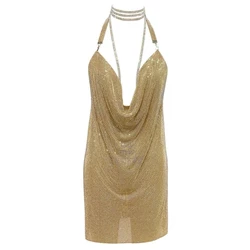 Sexy Backless Chain Halter Rhinestone Slit Birthday Party Club Dress, Mini Crystal Metal Mesh Dress