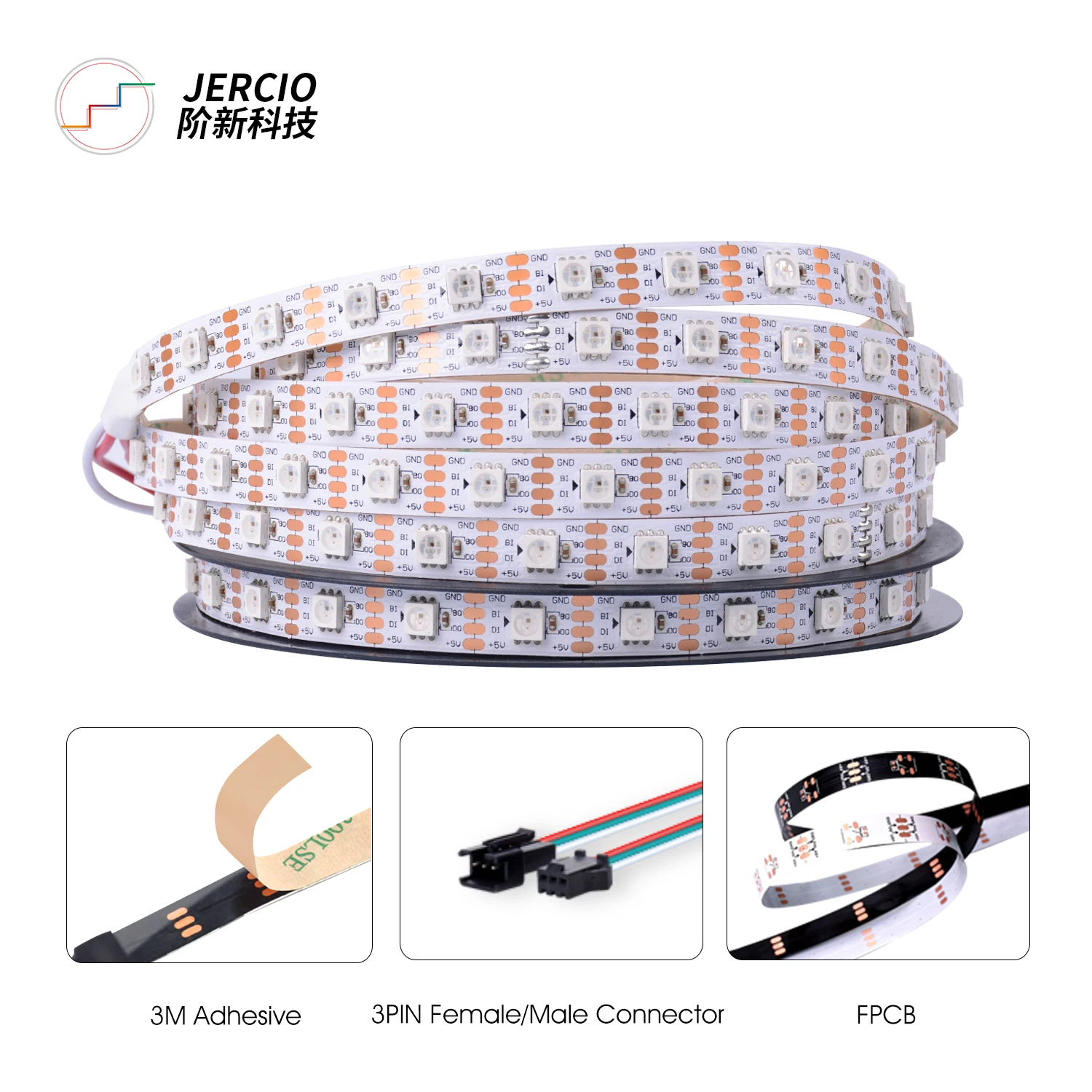 JERCIO SK6815 / WS2815 / GS8208 Built-in IC Programmable  DC12V break point continuous transfer RGB Flexible LED Strip