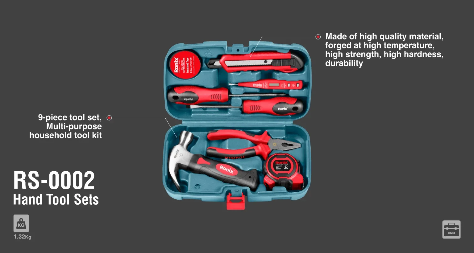 Ronix RS-0002 9 Pieces Herramientas General Hand Tool Sets Box Household Repair Craftsman Toolkit Factory Price