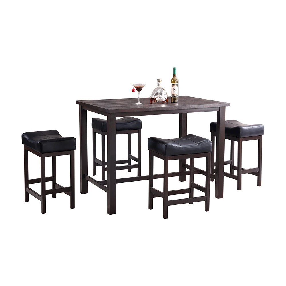 
5pcs Classic Simple Style Space Saving Wooden 4 Seater Leather Chair Bar Table Sets for Bar Restaurant Pub Outdoor 