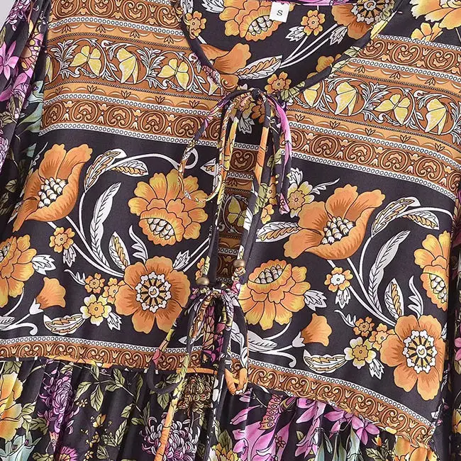 Customization Summer Bohemian Women Vacation Casual Breathable Loose Long Sleeve Midi Floral Dress