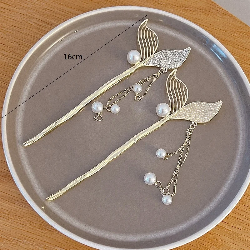 2022 new high-end beauty fish tail tassel hair hairpin pearl rhinestone chinese hairpin hair stick