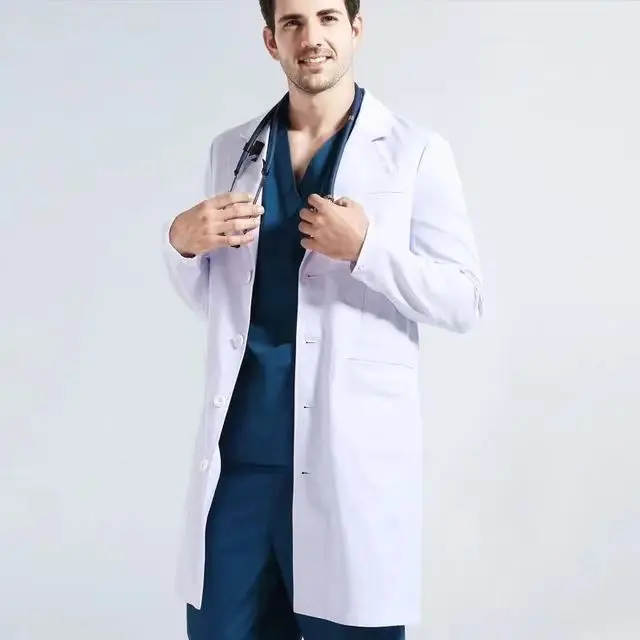 Customized logo professional unisex cotton polyester hospital uniforms medical science doctor nurse wear white lab coat