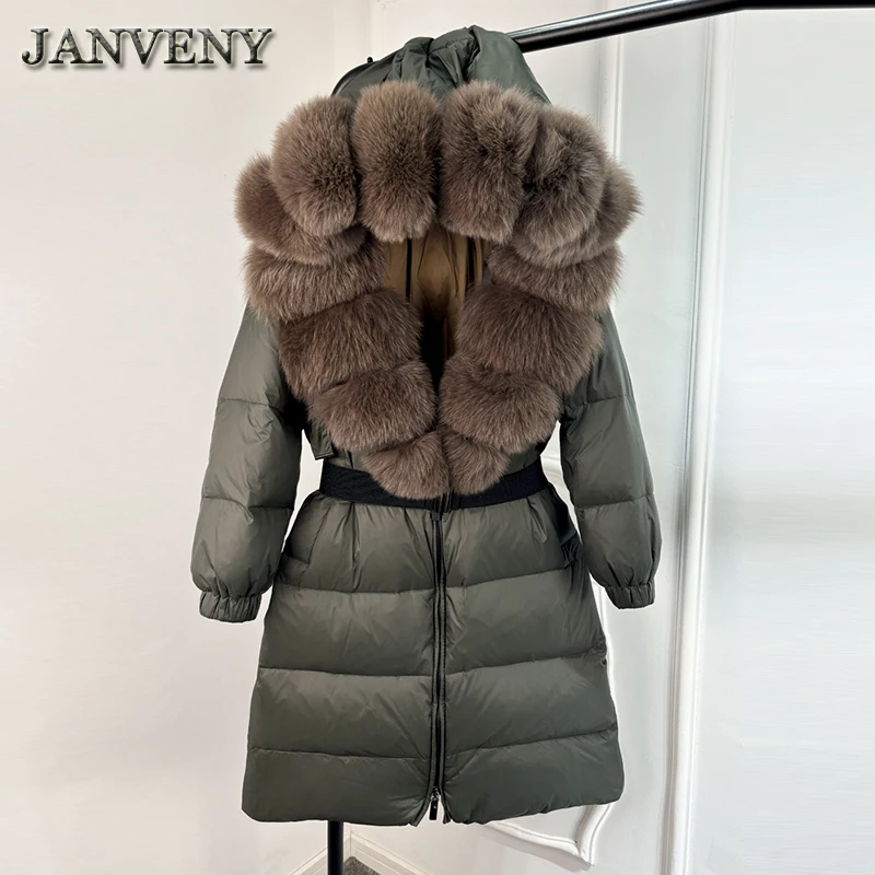 JANVENY New Natural Thick Warm 90% White Duck Down Coat Long Winter Jacket Women Real Big Fox Fur Collar Belt Loose Puffer Parka