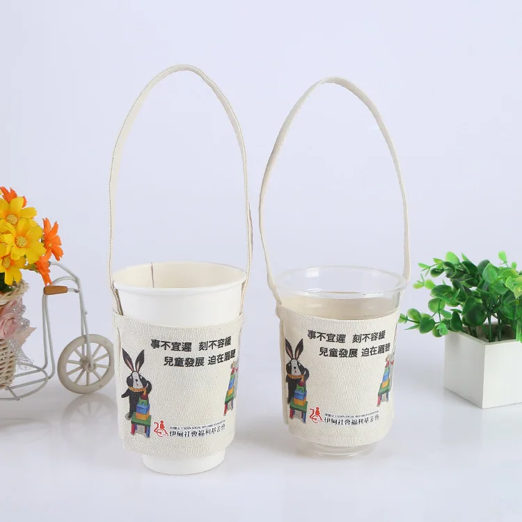 
ECO Friendly logo printing reusable carry Portable cotton canvas wine sleeve milk tea coffee cup tote bag 