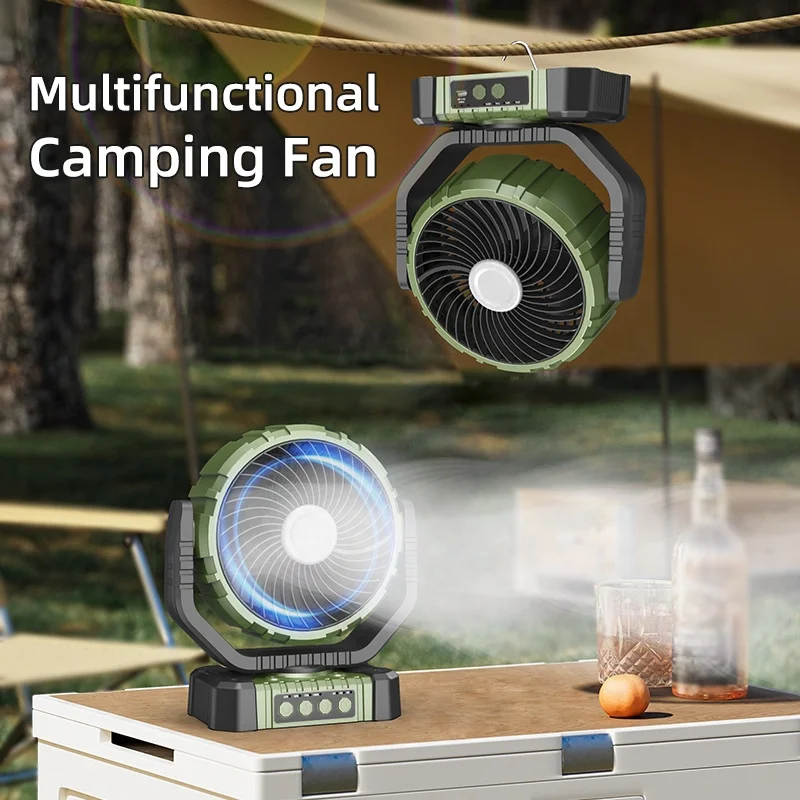 F8101 Multifunctional Fan Outdoor Rechargeable Standing Fan with LED Lamp for Camping Desktop