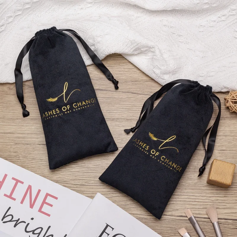 Black Custom Velvet Jewelry Bag Velvet Pouch Logo Velvet Drawstring Bags With Gold Logo
