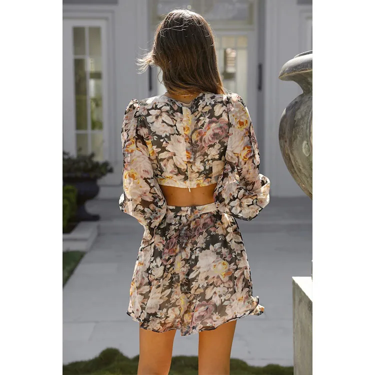 Billowy sleeves deep V neckline dramatic midriff cutout wholesale casual women dresses summer