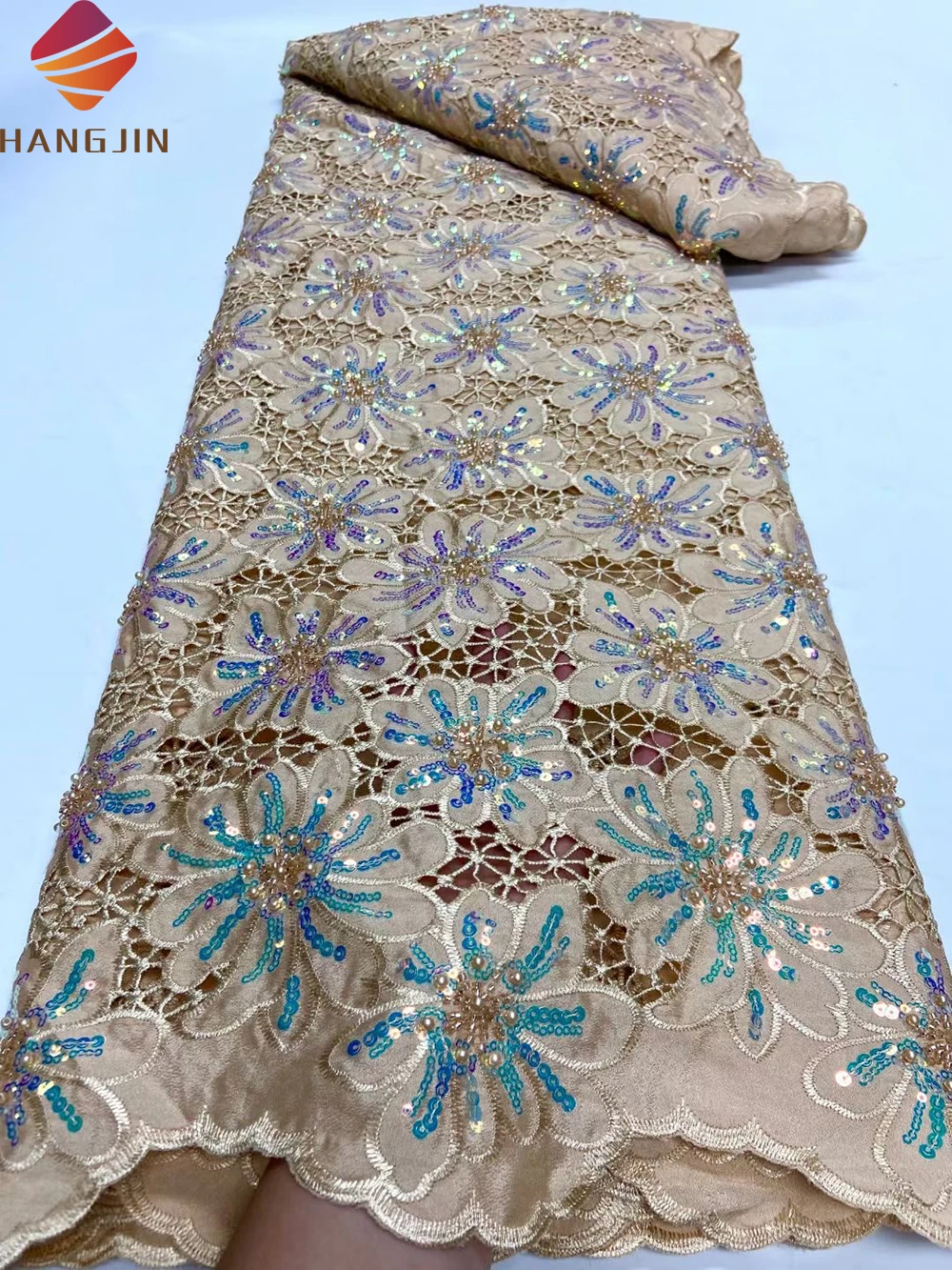 African Chiffon Lace Guipure Lace Fabric Embroidery With Sequins Mesh Fabric Milk Silk Cord Lace For Nigerian Women Wedding