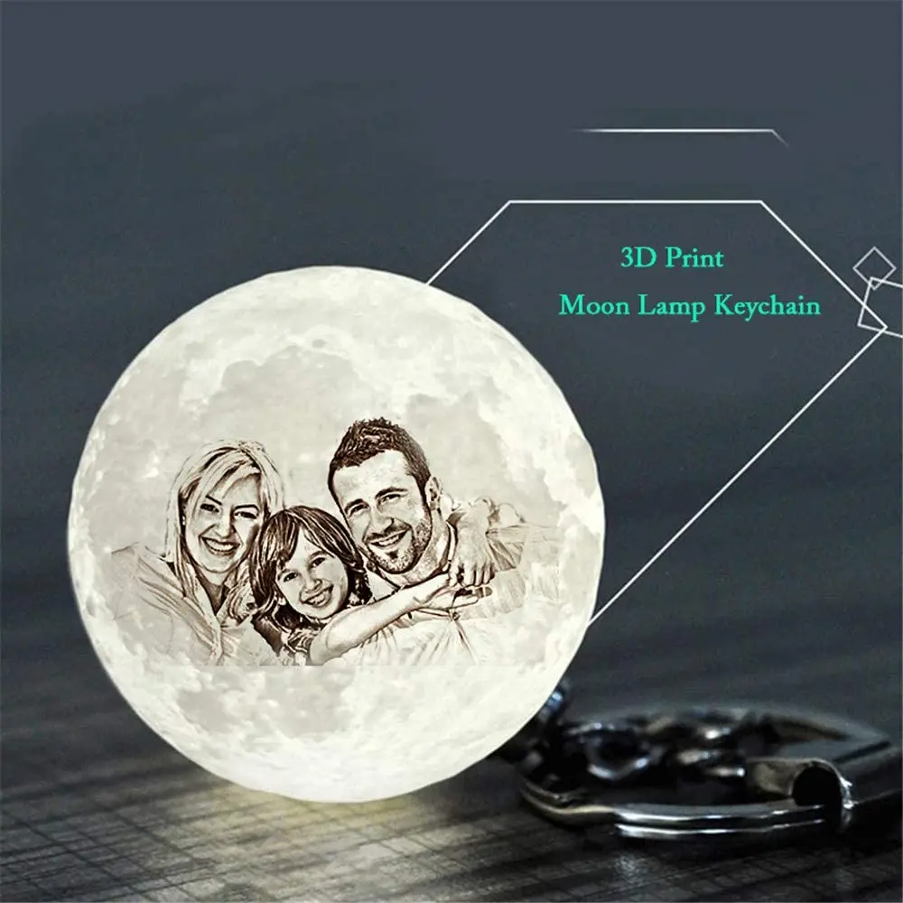 2021Hot Sell Decoration Accessories Creative LED Night Light Key Holder Chain 3D Print Moon lamp Keychain 4cm