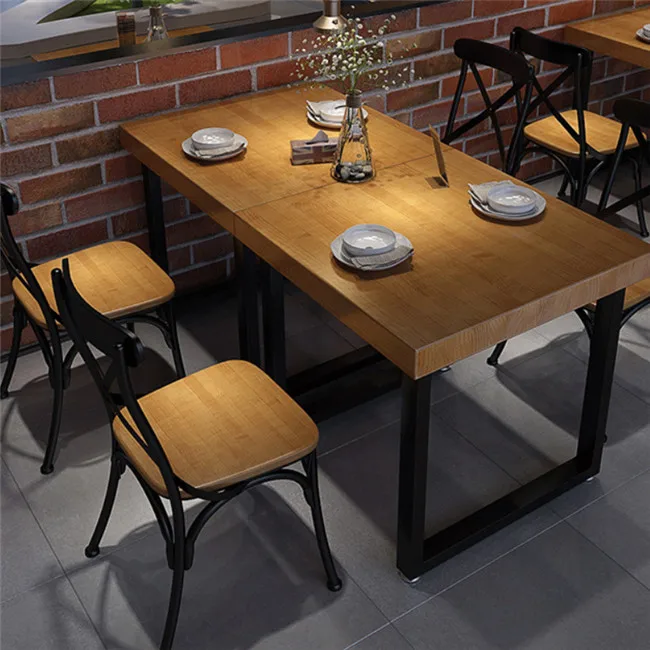 Small apartment wrought iron solid wood table and chair combination cafe milk tea shop dessert shop retro log table and chairs