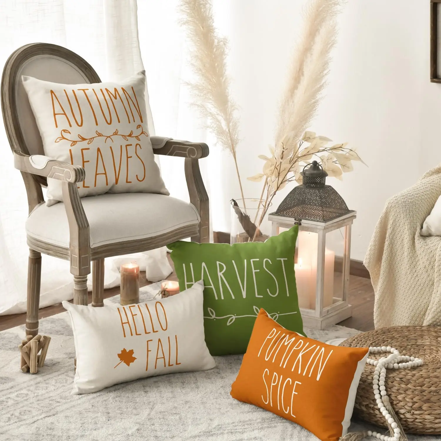 Customized Size  4 PCS of 18 x 18 Inch Hello Fall Harvest Pumpkin Spice Thanksgiving Throw Pillow Covers Set for Bed Room Decor