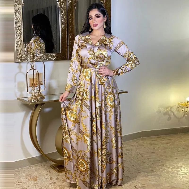 Middle East Abaya Women Muslim Dress Elegant Floral Printing Evening Dresses Long Sleeves Maxi Dress Ladies Abaya Dubai