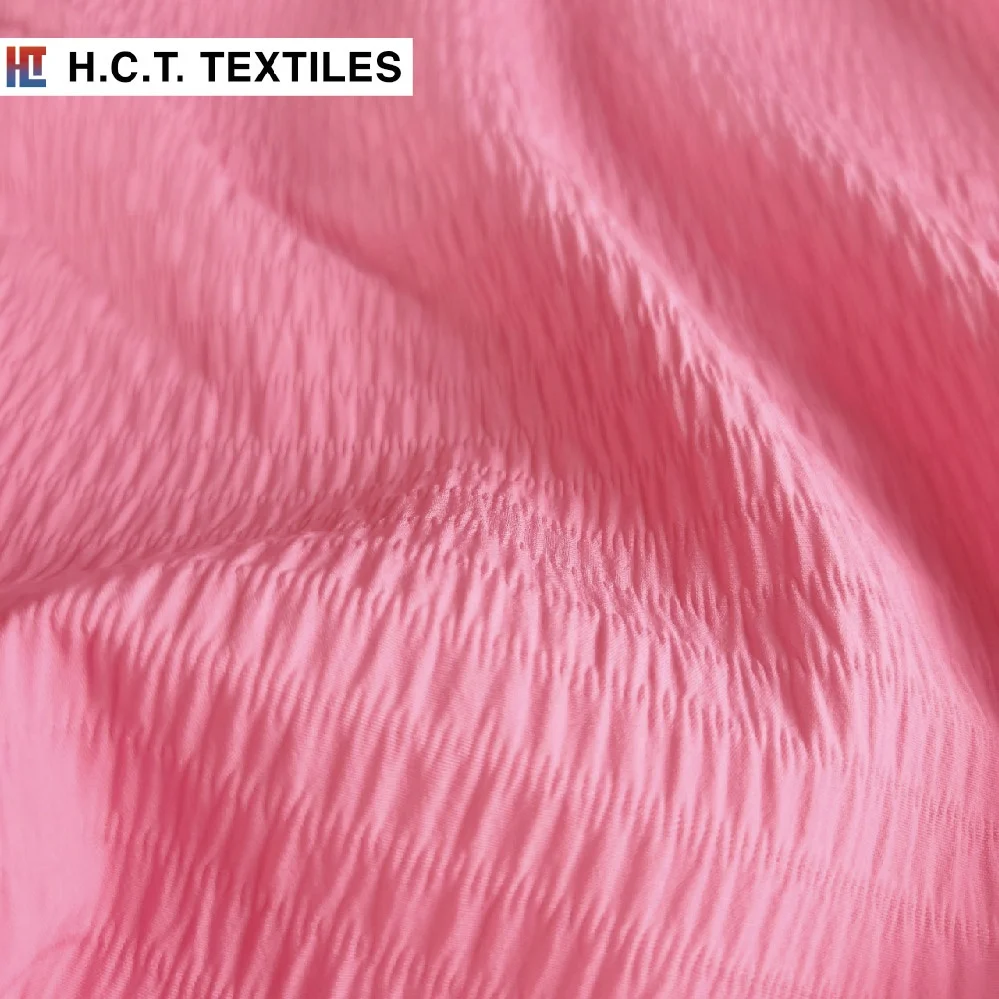 Подиумный дизайн розовый текстиль 140 г полиэстер спандекс seersucker смоченные платья ткань