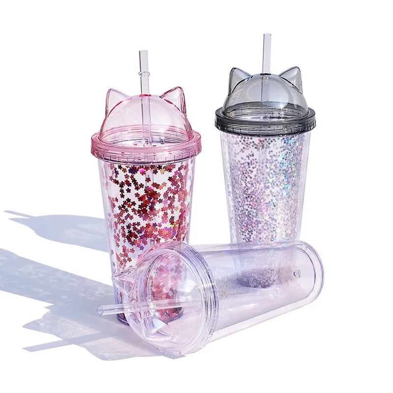 GXP Amazon top sell summer double wall Cat ear sippy cups coffee mug tumbler plastic cup with lid and straw