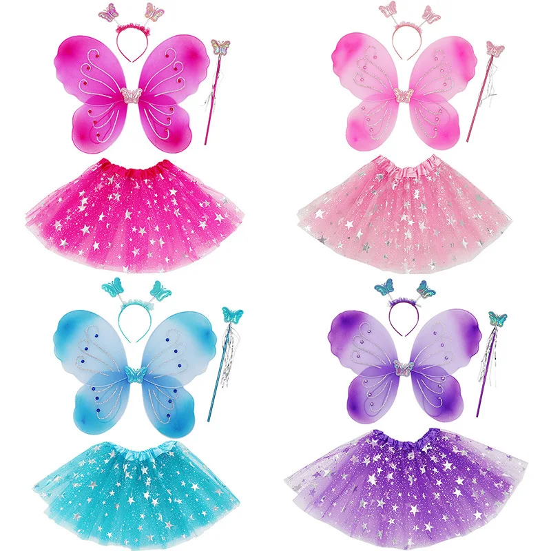 Mardi Gras Carnival Cosplay Costume Performance Clothes Hair Band Fairy Stick Tutu Skirt Dress Bee Wings 4-Piece Set