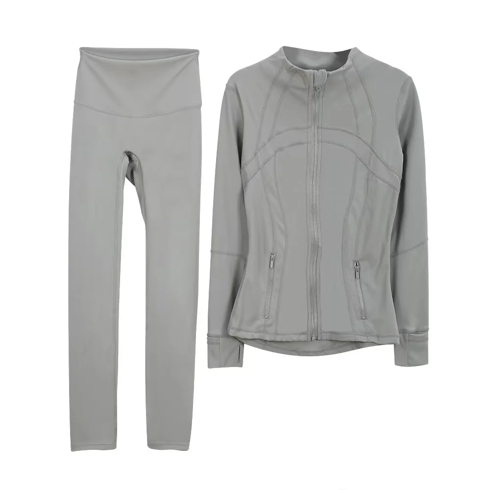 nylon 4 ways stretches grey zip up jacket and legging tights two pieces set tracksuit for women clothing ladies gym jogging wear