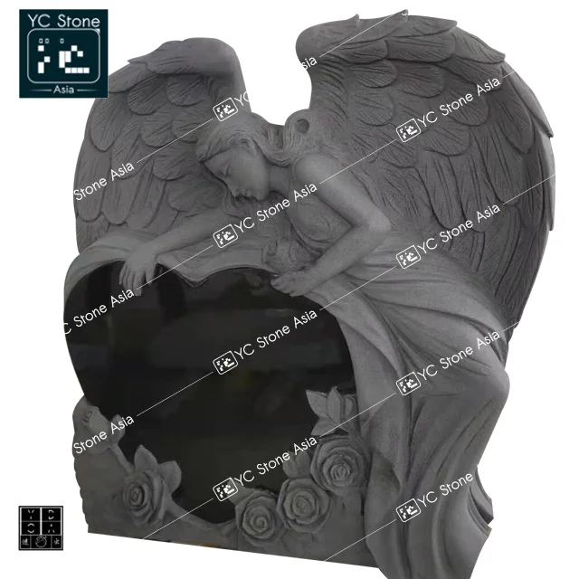 European India Red Engraving Gravetone Granite Heart  Headstone Carved Angel Monument Angels Sculptures