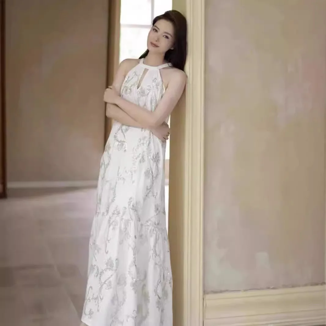 2024 Women New Fashion Elegant Holiday Wind Pearl Cutout Halter Dress New Style Small Mass Heavy White Dress