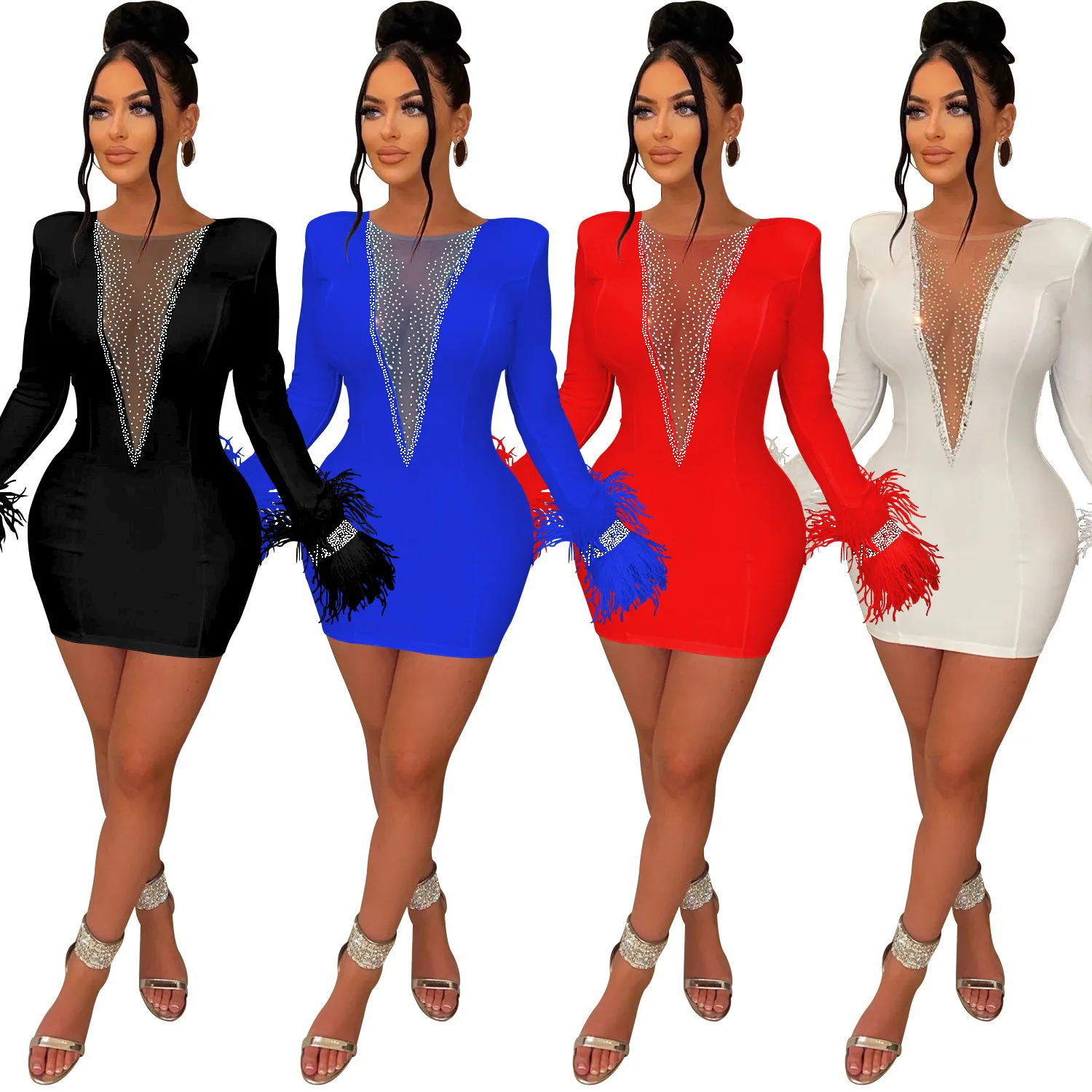 2023 Wholesale Mesh See Though Bodycon Dress Ladies Hot Tassel Diamonds V-neck Sexy Club Party Evening Dresses Women Vestido