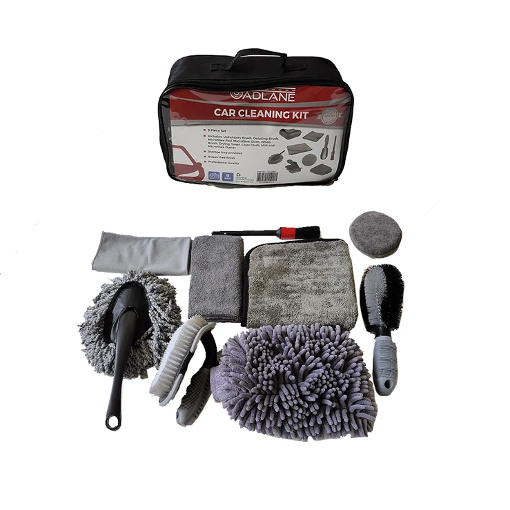 Professional Quality 9 Piece Car Cleaning Kit Microfibre pad+Drying towel+Microfiber mitt+Duster+ Brushes