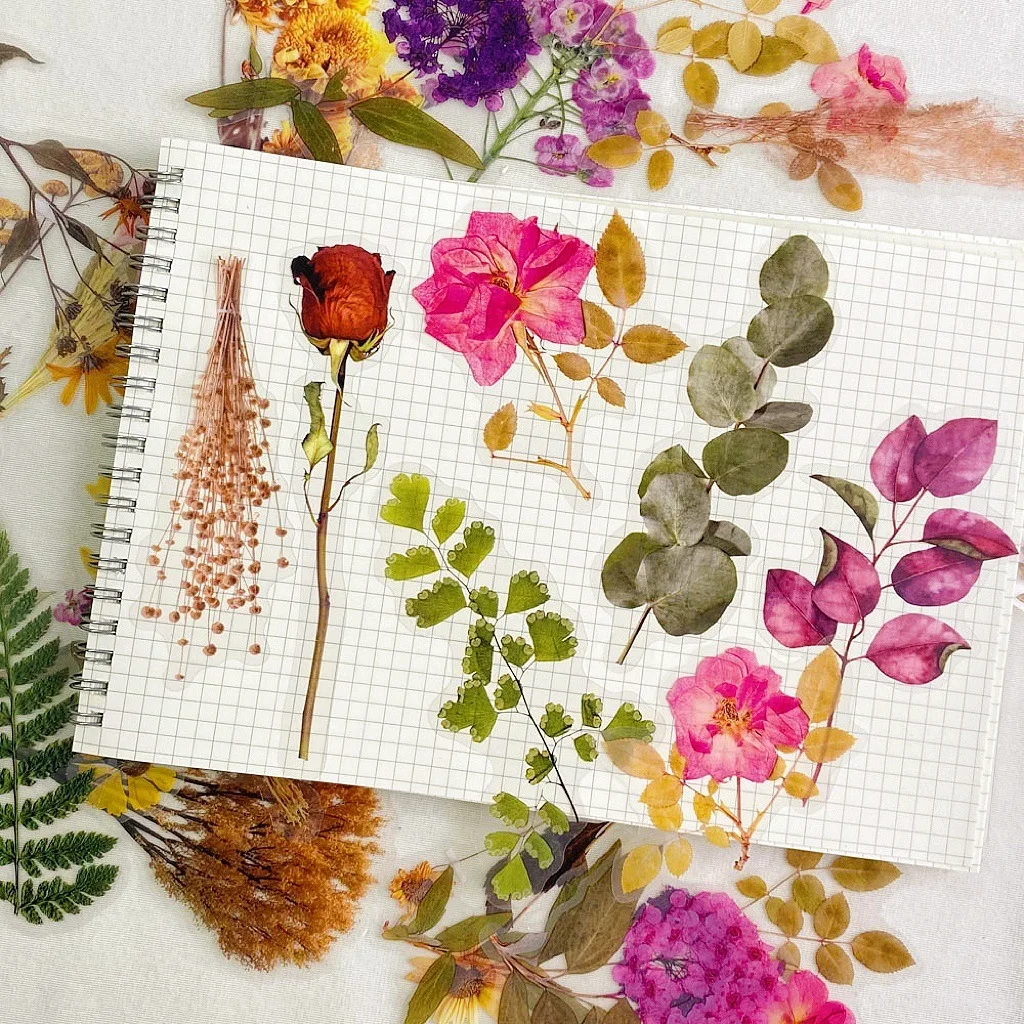 Vintage PET Transparent Flower Sticker Bag Creative Handbook DIY Plant Stickers 12 pieces