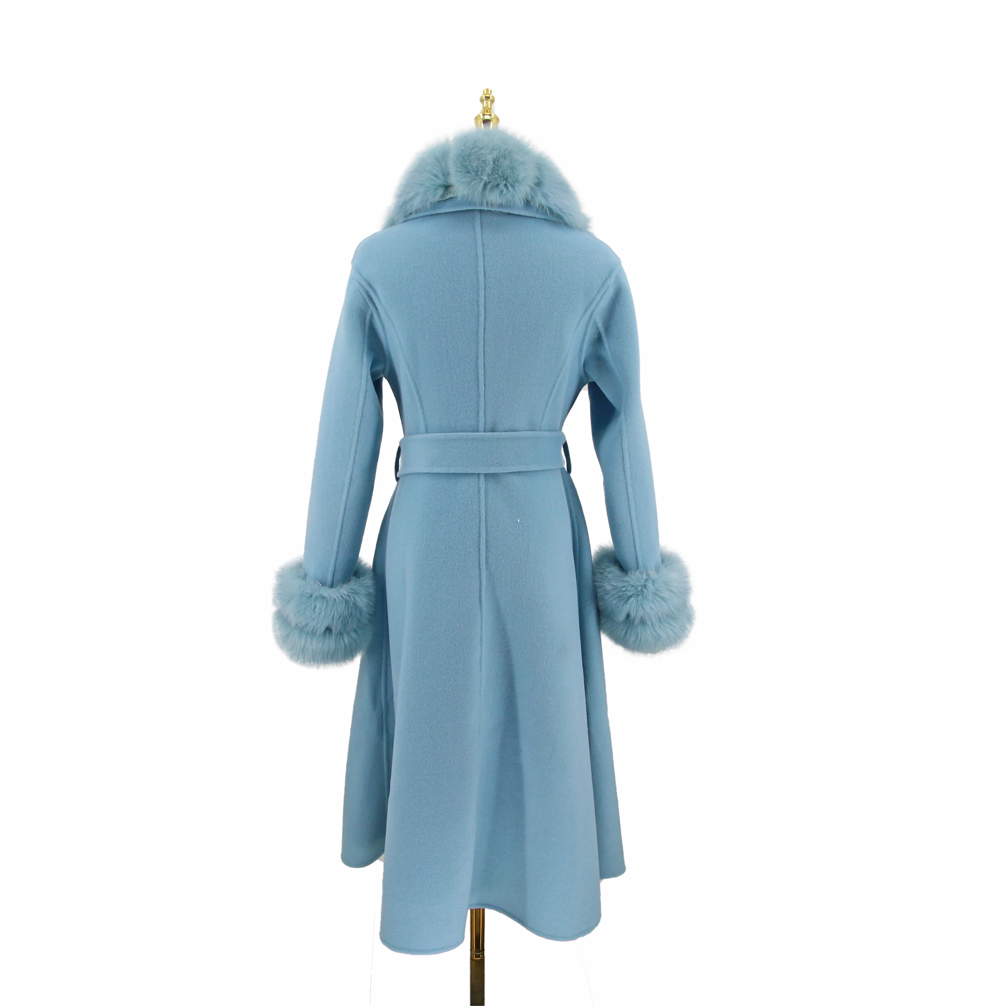 QIUCHEN QC21046 winter women high quality blue woolen long cashmere jacket with fox fur collar cuffs wool coat