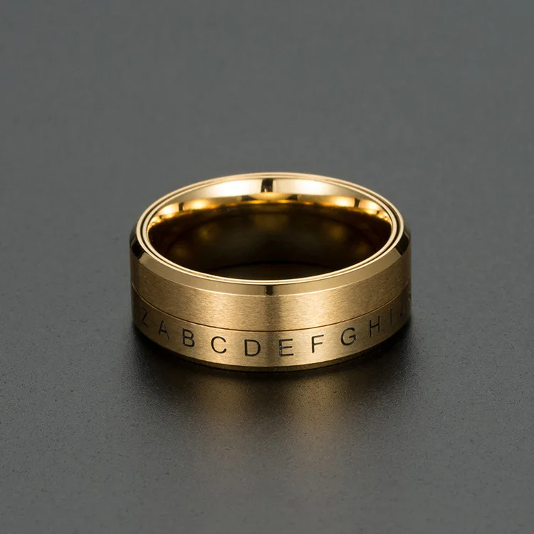Stainless Steel 18k PVD Gold Plated Secret Decoder Window Cipher Lucky Number Rotating Spinner Ring