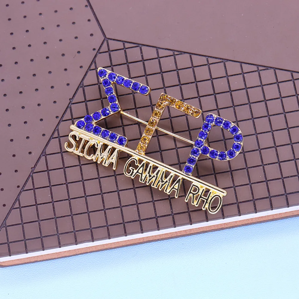 Metal Gold Plating Blue Yellow Diamond Inlay Greece Letters Sigma Gamma Rho Lapel Pin Sorority SGRHO Club Brooches Custom