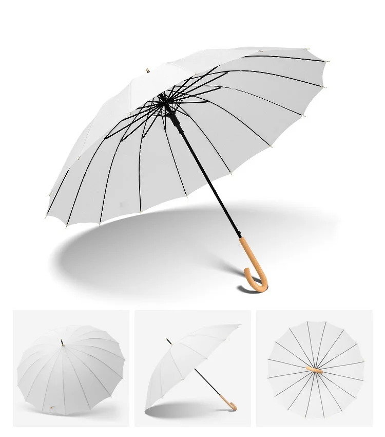 China supplier Straight Umbrella 16 ribs wind protect stick umbrella Modern design wood handle parasol