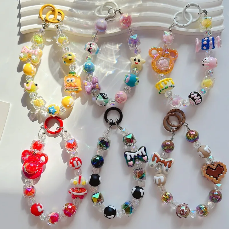 Hand-painted Sweet Colorful Bead Doll Mobile Phone Chain Women Girls Cute Cartoon Bear Bowknot Phone Case Lanyard Rope