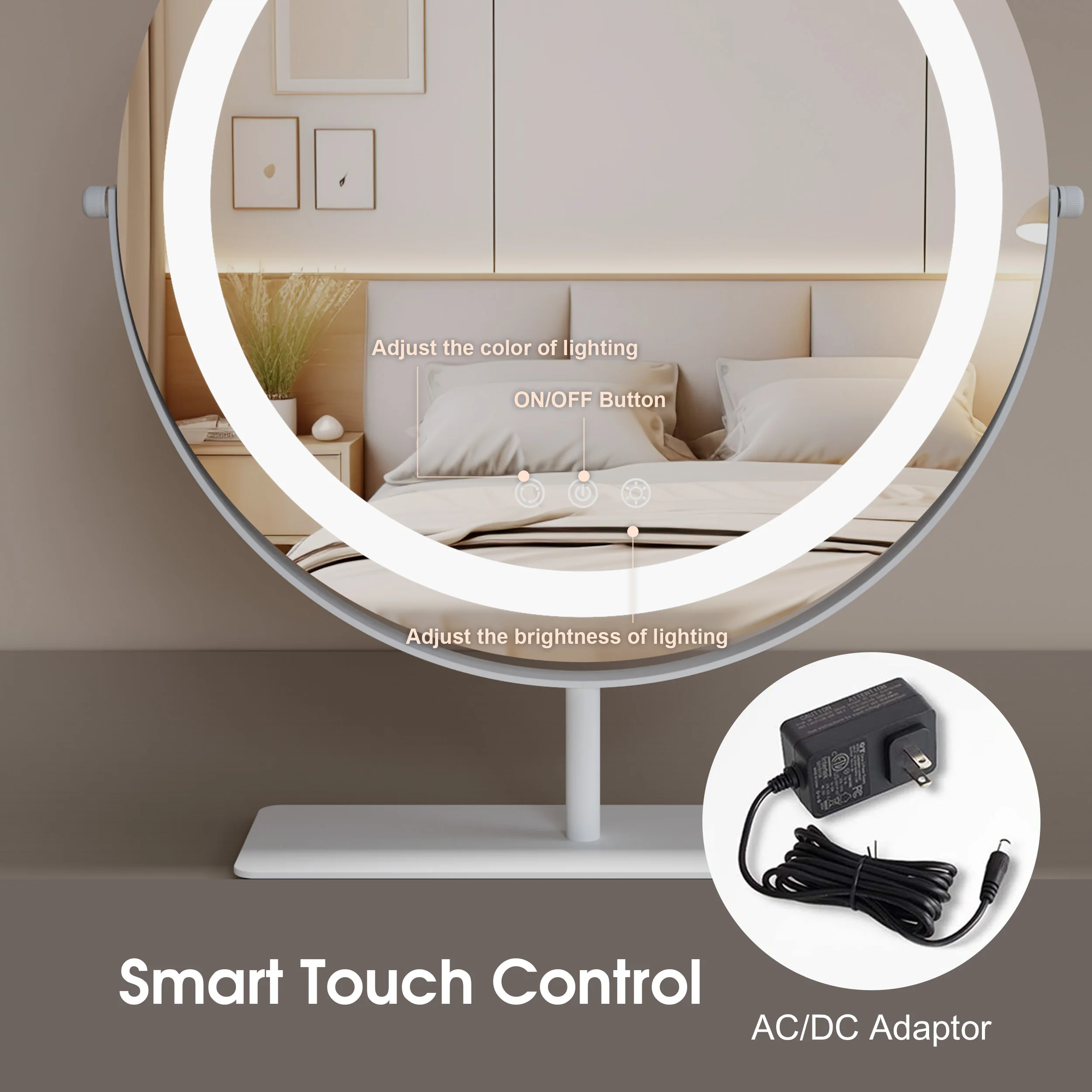 Custom Touch 3 Color Light Make Up Round Table Vanity Mirror With Led Lights Smart Makeup Tabletop Desktop Cosmetic Mirror