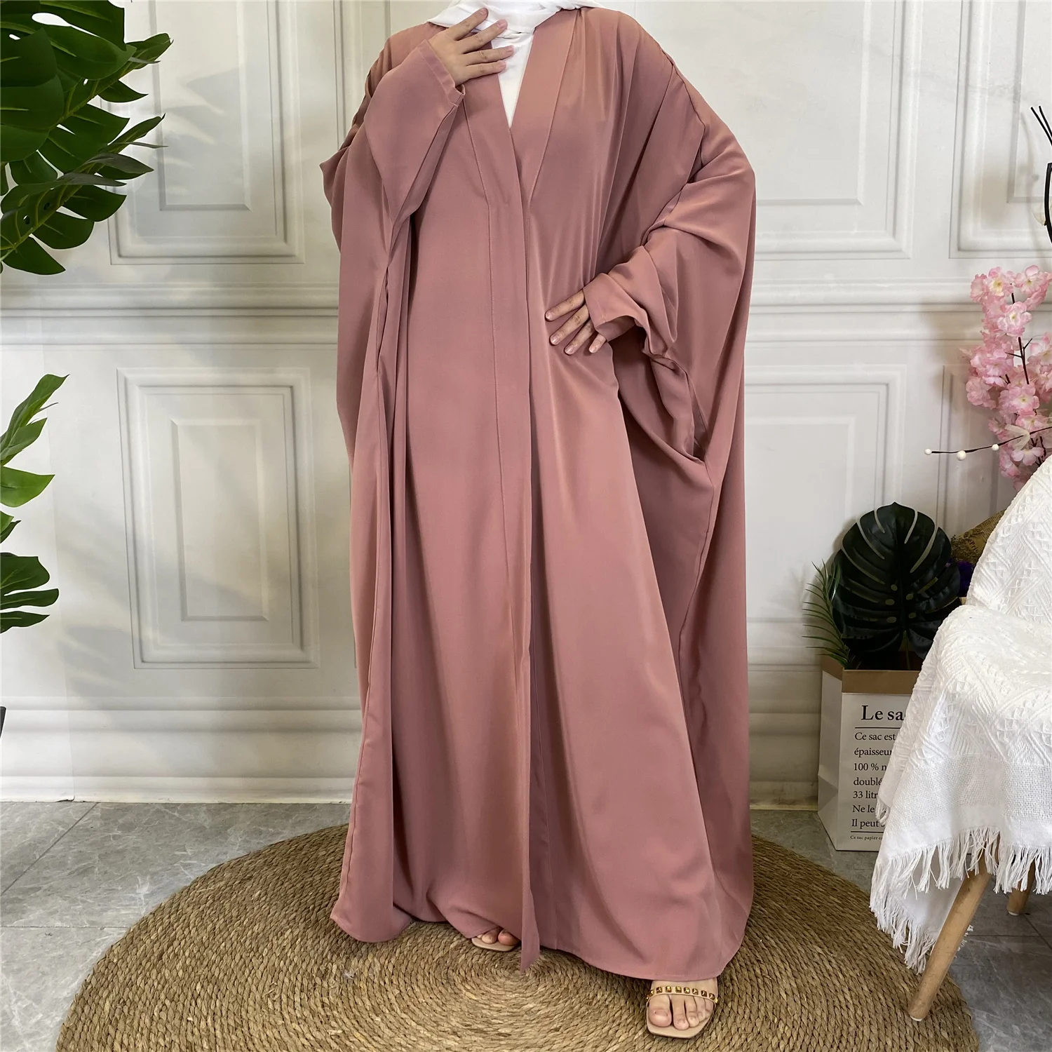 1923# New Solid Colors Butterfly Kaftan With Pockets and Button Islamic Clothing Muslim Women Abaya Dresses