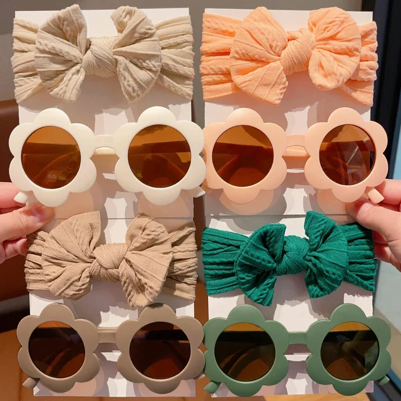 2024 New Fashion Sunglasses With Elastic HairBands Cloth Baby Headband Design Round Sun Glasses Kids Bow Nylon Hair Band