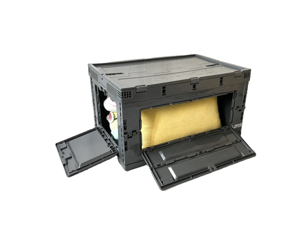 promotion price 80L gray color front open foldable type plastic collapsible storage box container with lid