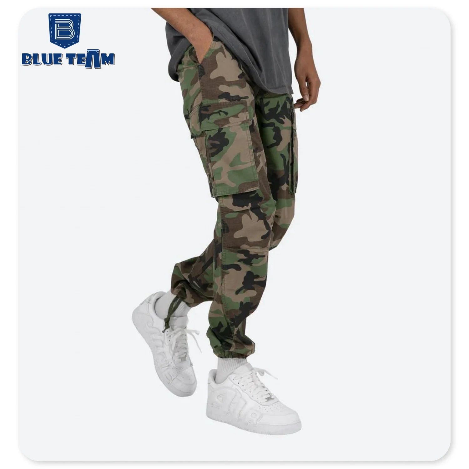 Blue Team | Custom printed embroidery logo hip hop pockets tactical camo cargo pants elasticity jogger camouflage pants for men
