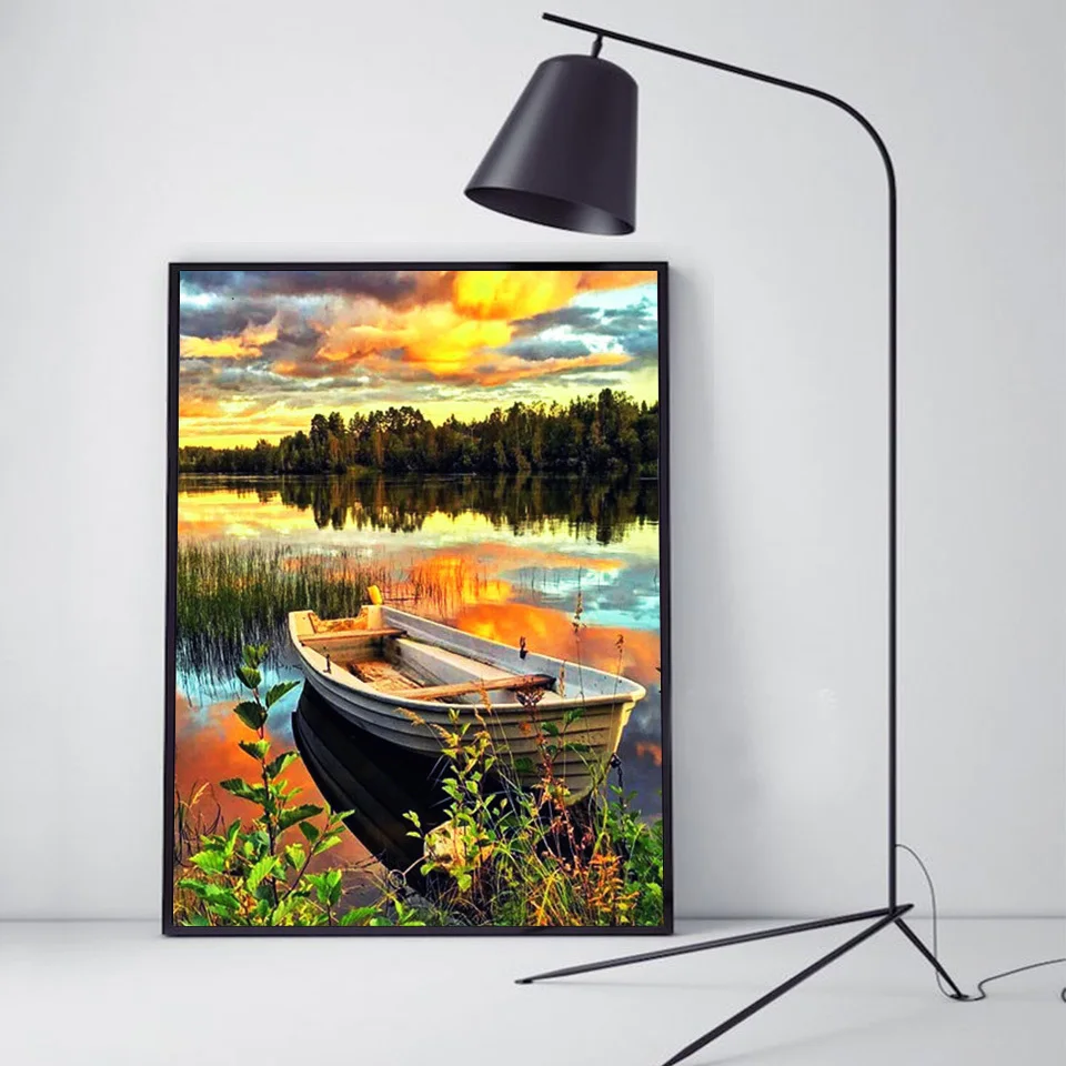 5D DIY Diamond Painting Sunset Full Square Round Drill Diamond Embroidery Boat Scenery Cross Stitch Mosaic Sale Crafts
