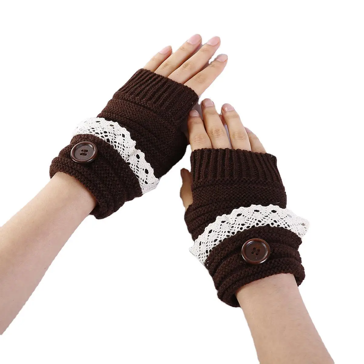 Wholesale Women Fall Winter Short Cuff Lace Patchwork Warm Knit Fingerless Gloves Hand Crochet Thumbhole Arm Warmers Mittens