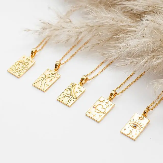 Artistic Square Engraving Zodiac Sign Tarot Card Pendant Necklace Gold Plated Stainless Steel High Quality 18k Trendy Geometric