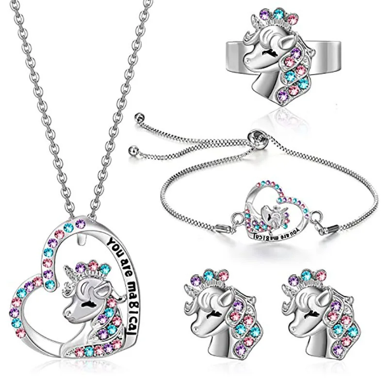 Fashion Letter Initial Jewelry Unicorn Colorful Heart Pendant Unicorn Necklaces Bracelet Rings Earrings For Girls Women Gift