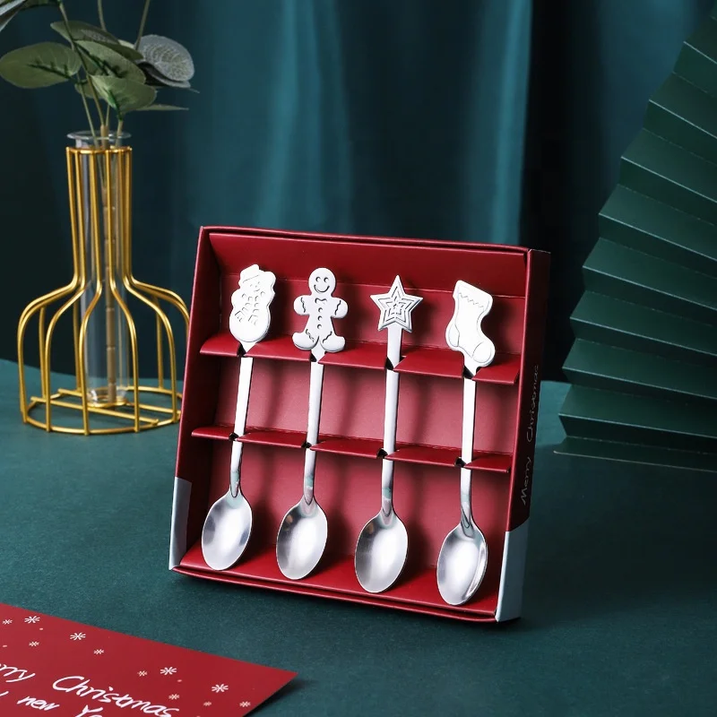 Christmas themed stainless steel spoon set with gift box exquisite Gold Silver  round spoon tableware creative business gift